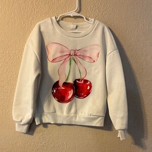 SHEIN White Sweater with Cherry and Pink Bow Design